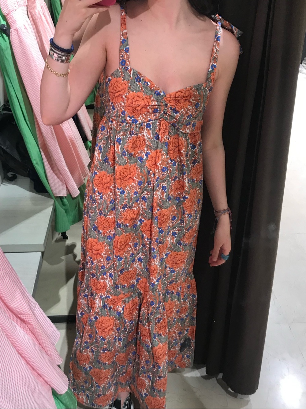 Zara Orange Floral Tie-Strap Maxi Dress with Blue Accents